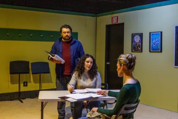 Kirk Gostkowski, Amanda Martinez, and Christina Elise Perry in rehearsal for SIX CORN Photo