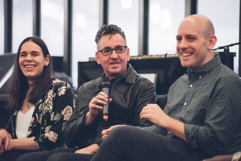 Chris Bush, C Richard Hawley and Robert Hastiein rehearsals for standing at the sky's edge