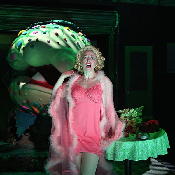 Rebecca Gibel as Audrey with Ted Chylack as the plant puppeteer. Photo