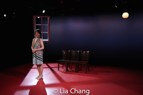 Playwright Jeanne Sakata on the set of HOLD THESE TRUTHS, designed by Mikiko Suzuki M Photo