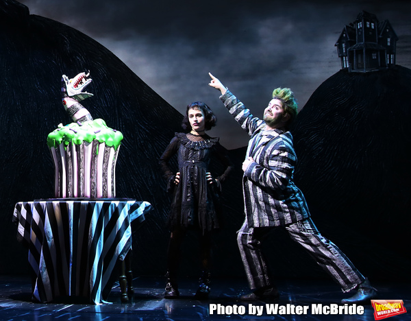 Sophia Anne Caruso and Alex Brightman during the "Beetlejuice" Celebrates 100th Perfo Photo