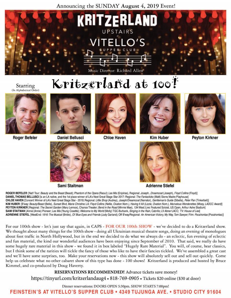 KRITZERLAND AT 100 Comes To Feinstein's At Vitello's, August 4 - Hold For Rob  Image