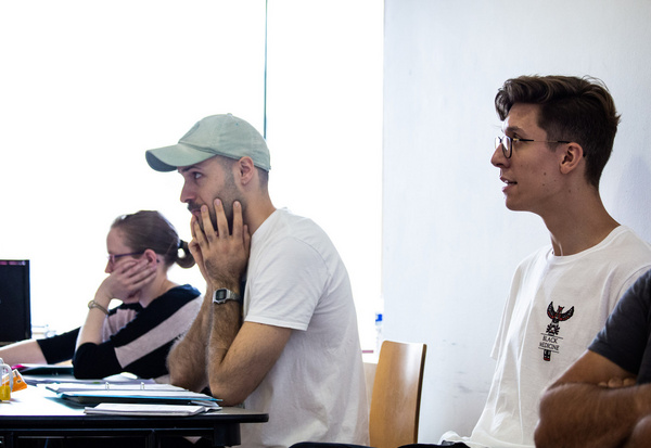 Writer JAMES CORLEY in the rehearsal room with director HARRY MACKRILL Photo
