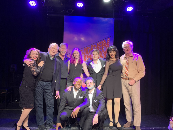 Bob Mackie and Jack Viertel and the cast of Forbidden Broadway: The Next Generation.  Photo