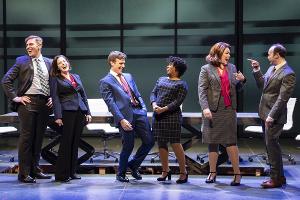 (from left) Brandon Dahlquist, Dara Cameron, Billy Harrigan Tighe, Alexis J. Roston, Madison Kauffman and Jonathan Schwart in Paramount Theatre’s world premiere of The Secret of My Success. This wildly funny new musical about corporate culture, mistaken identity and making your own way in life is based on the 1987 hit film starring Michael J. Fox. Performances are February 12-March 29, 2020 at Paramount Theatre, 23 E. Galena Blvd. in Aurora. Tickets: paramountaurora.com or (630) 896-6666. Photo by Liz Lauren at 