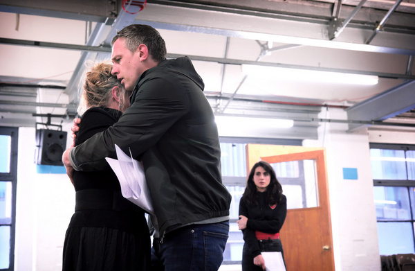 Eithne Browne, Mark Holgate and Shireen Farkhoy in rehearsals for Maggie May Photo