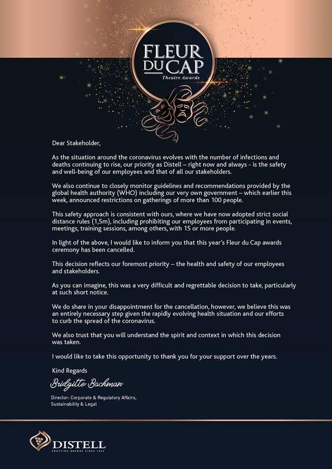 Fleur Du Cap Theatre Awards Cancellation Image