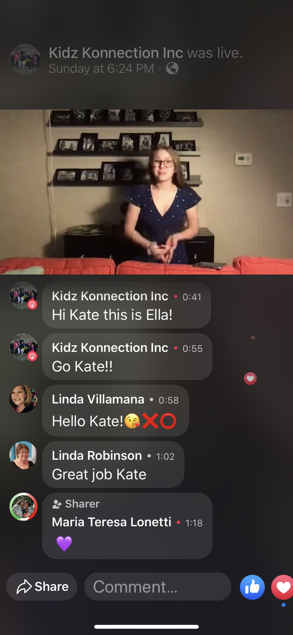 Kate Robinson in her home from their live Facebook cabaret Photo