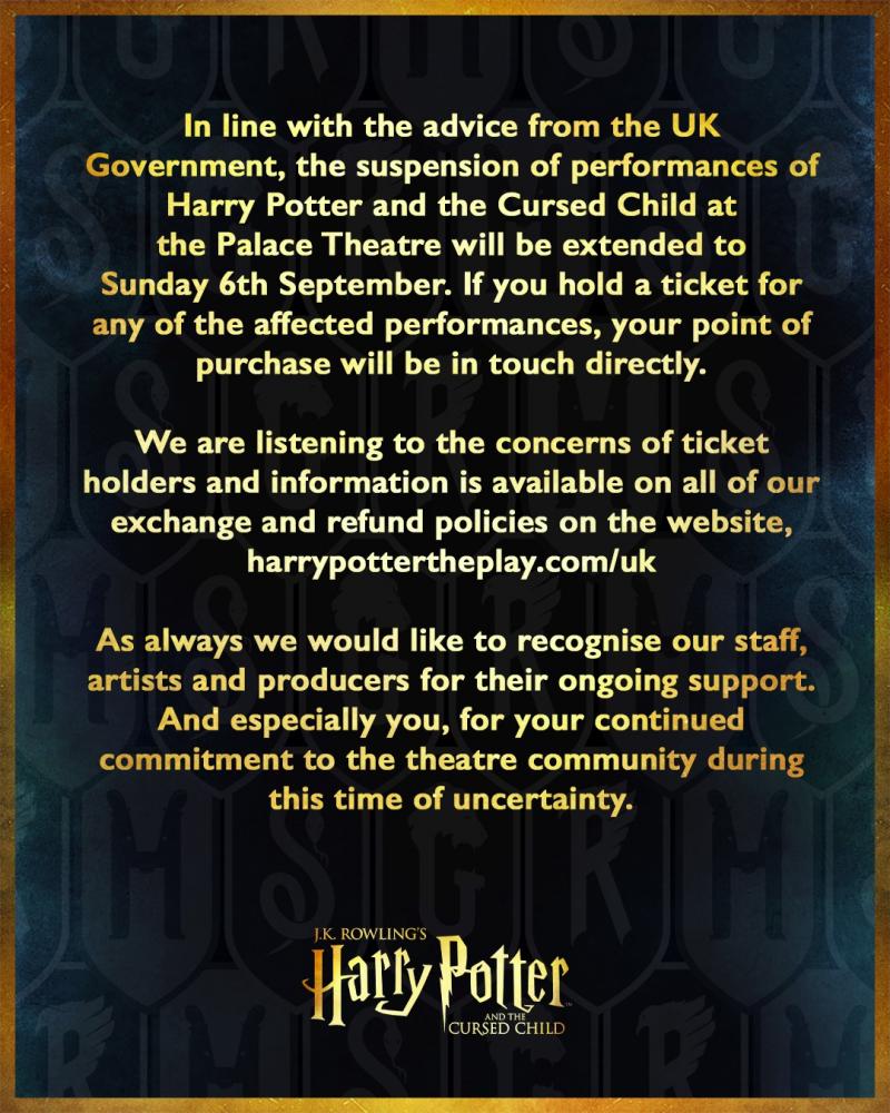 London Production of HARRY POTTER AND THE CURSED CHILD Extends Suspension of Performances Through 6 September Image