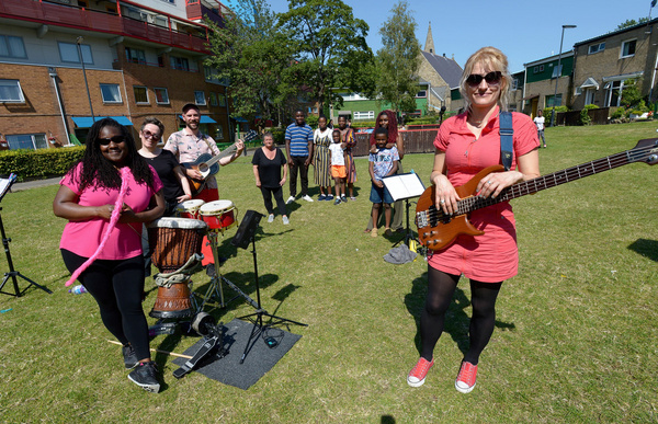 L-R Hannabiell Sanders (percussion), Caroline Ryan (BLS interpreter), Jeremy Bradfiel Photo