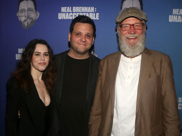 Producer Vanessa Lauren, husband and director Derek DelGaudio and David Letterman  Photo