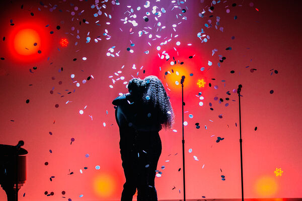 Charlie Thurston (Man) and Whitney White (Woman) embrace in Macbeth In Stride Photo