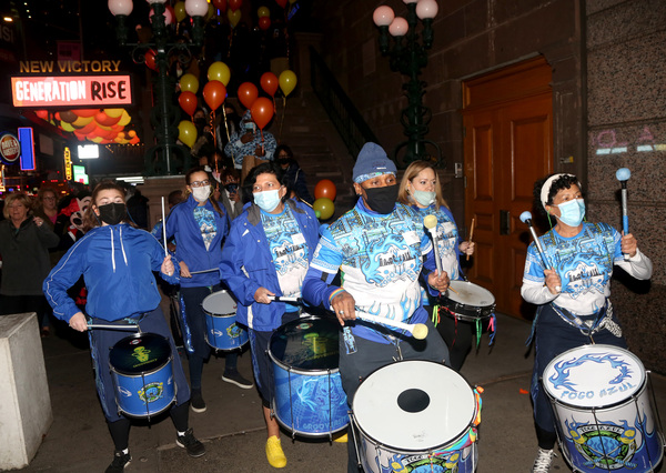 NEW YORK, NEW YORK - NOVEMBER 05: Drumline group Fogo Azul perform at the re-opening  Photo