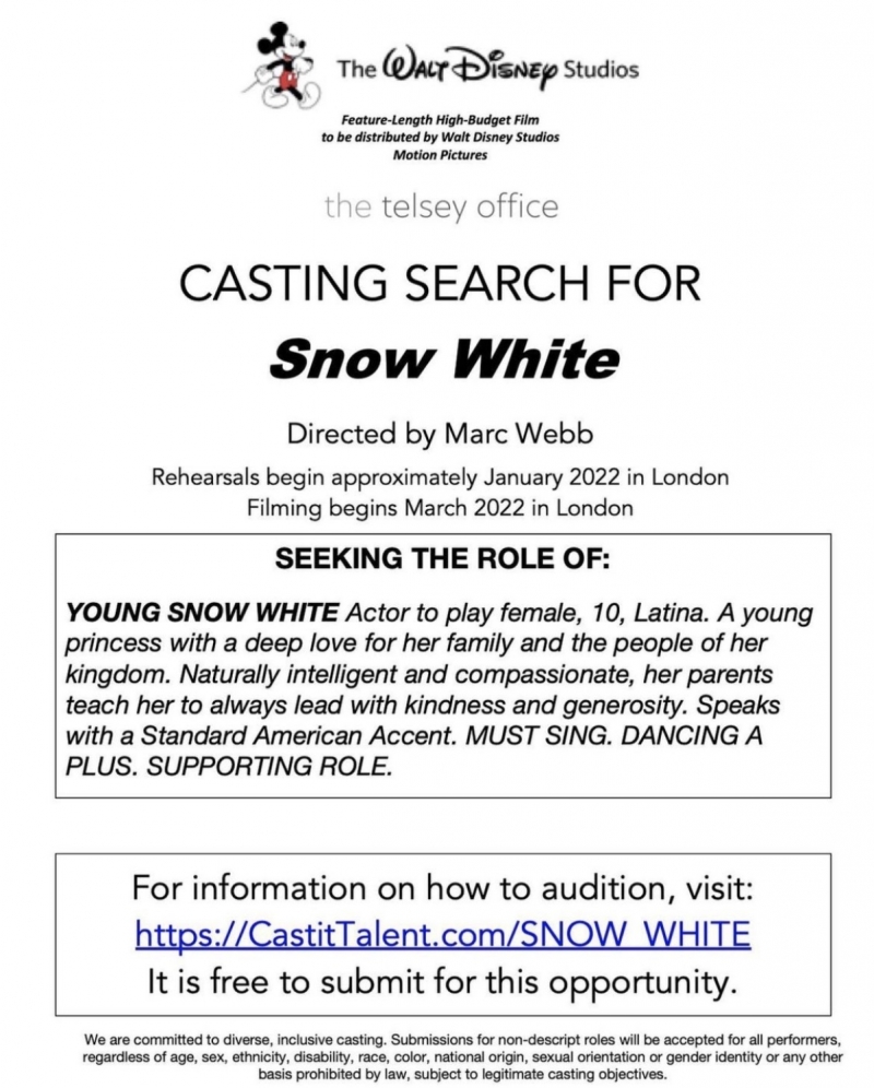 Telsey Casting Office Looking to Cast Young Snow White for Disney Feature Film 