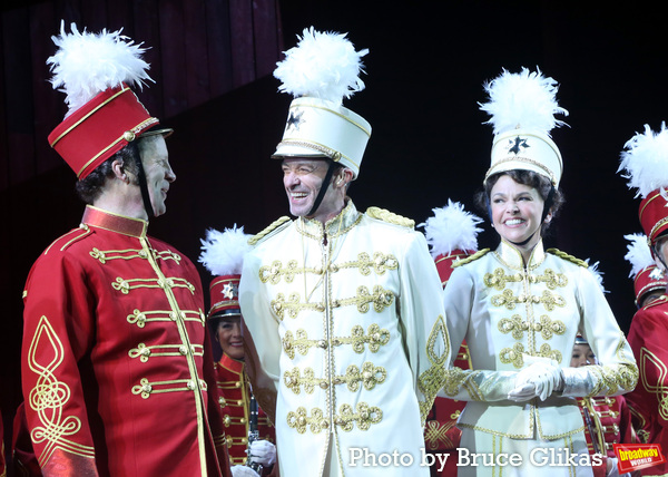 Shuler Hensley as "Marcellus Washburn", Hugh Jackman as "Harold Hill" and Sutton Fost Photo