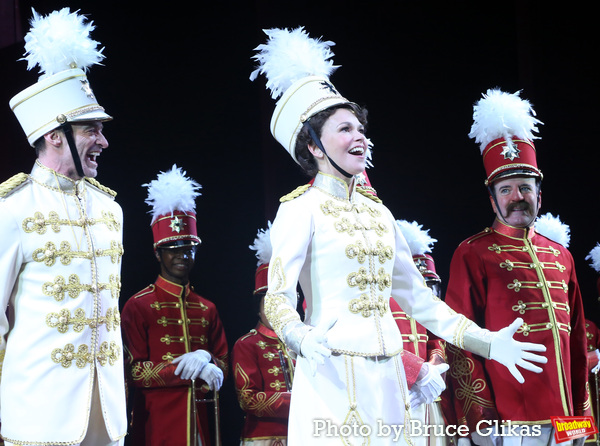 Hugh Jackman as "Harold Hill", Sutton Foster as "Marian Paroo" and Jefferson Mays as  Photo