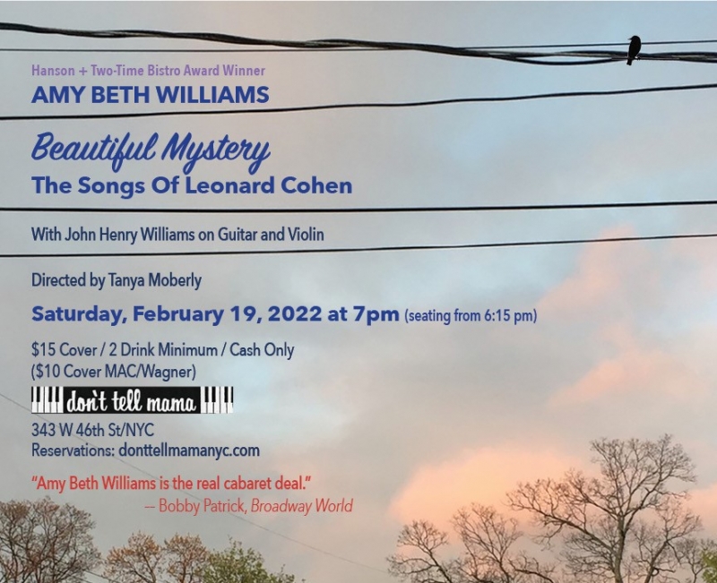 Amy Beth Williams Returns to Don't Tell Mama with BEAUTIFUL MYSTERY: THE SONGS OF LEONARD COHEN February 19th 