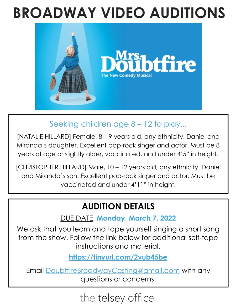 MRS. DOUBTFIRE Will Hold Video Open Call for Kids 8-12 Image