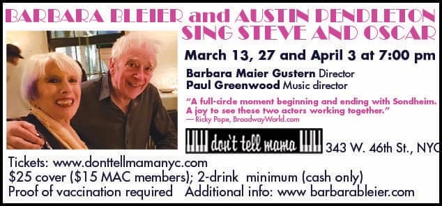 Barbara Bleier and Austin Pendleton Will Honor Barbara Maier Gustern with March 27th Performance at Don't Tell Mama 