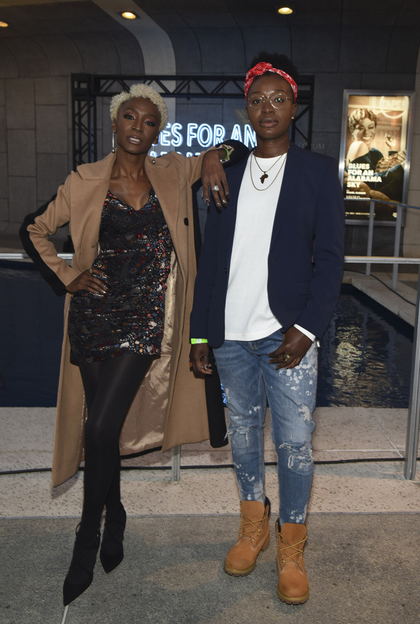 From left, actors Angelica Ross and Folake Olowofoyeku arrive for the opening night p Photo