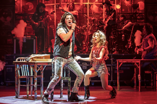 Kieran McCabe (left) plays Drew and Taylor DiTola is Sherrie in Rock of Ages Photo