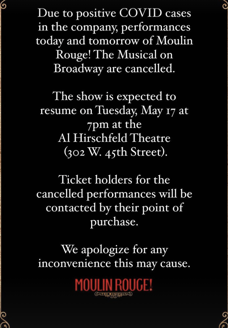 MOULIN ROUGE! THE MUSICAL Cancels May 14th and 15th Performances Due to Covid Within Cast Image