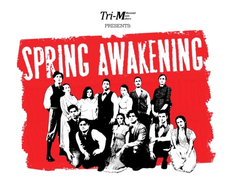 The company of Spring Awakening shown in black and white in front of a red background