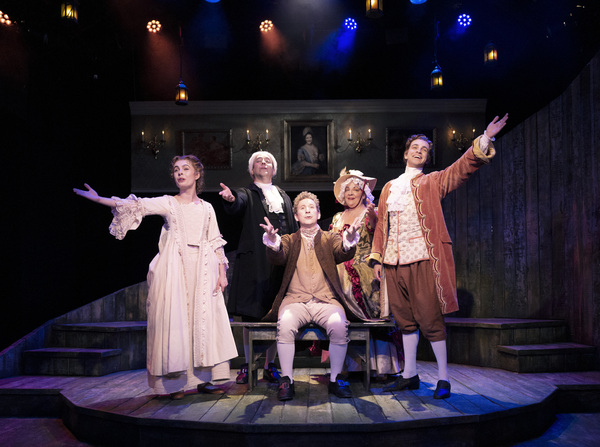 The Virtuous Life of Joseph Andrews stars (from left) Maya Musial (Fanny Goodwill), Josh Powell (Parson Adams), Jonathan Randell Silver (Various roles), Liz Zazzi (Lady Booby), Steven Telsey (Joseph Andrews). Photo by John Quilty