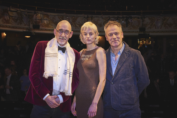 Emma Corrin with Michael Grandage and Neil Bratlett on stage after the opening night  Photo