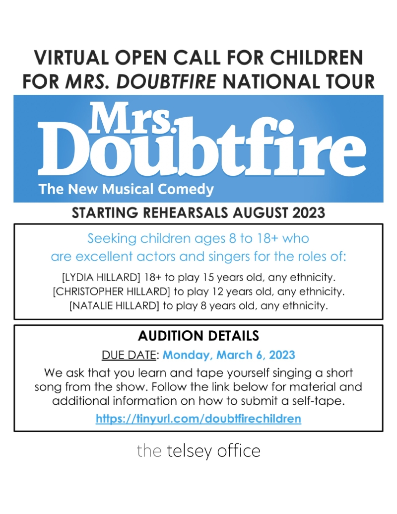 MRS DOUBTFIRE National Tour Is Holding Virtual Open Call for Child Actors Image
