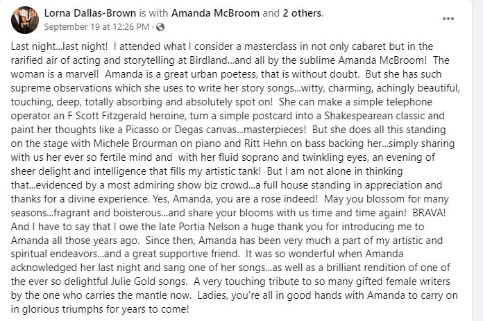 Review: Amanda McBroom SUCH GOOD FRIENDS At Birdland Such Good Storytelling 