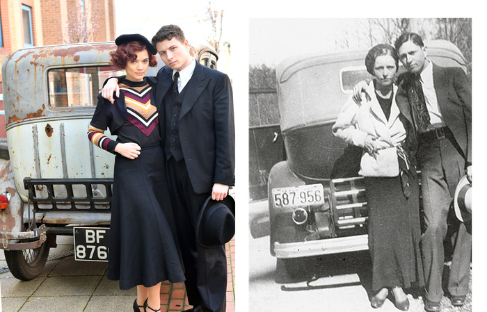 Photos: BONNIE & CLYDE Cast Pose With a Vintage 1929 Ford Model A Saloon 