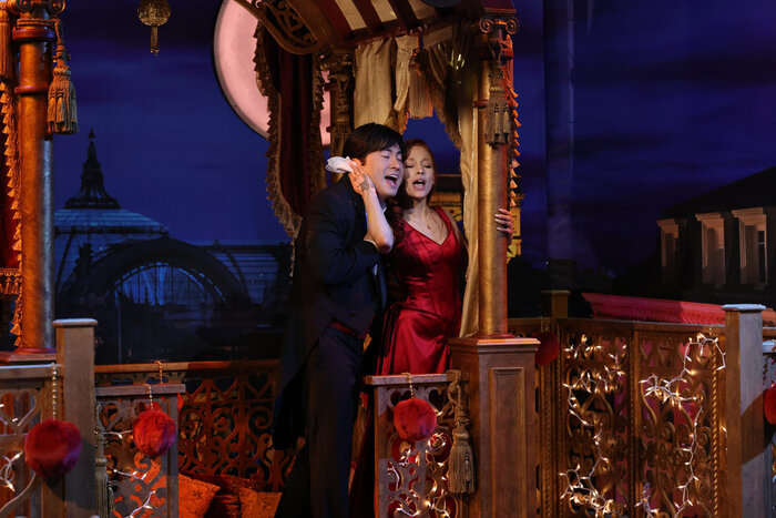 Bowen Yang as Christian and Ariana Grande as Satine during the "Moulin Rouge" skit Photo