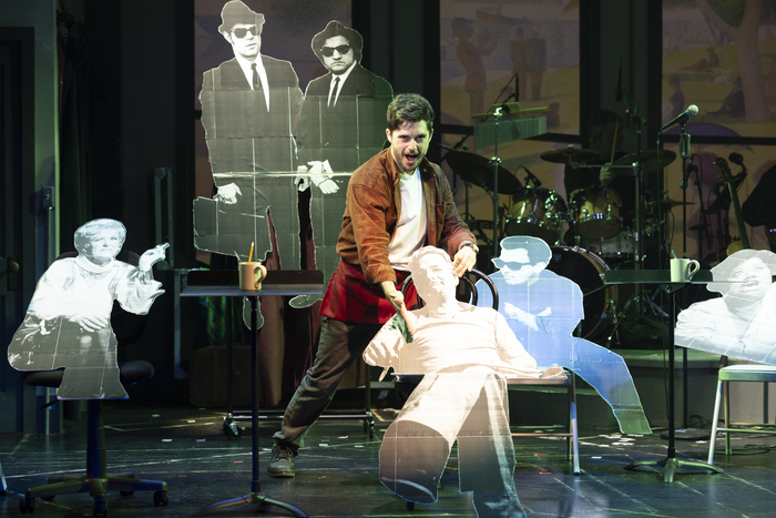Andy Mientus (Jon) with a cutout of his idol Stephen Sondheim in tick, tick...BOOM! Photo