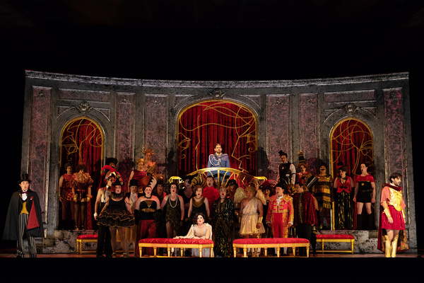 The Santa Fe Opera Chorus; back center Alfredo Daza (Giorgio Germont), front left Sej Photo