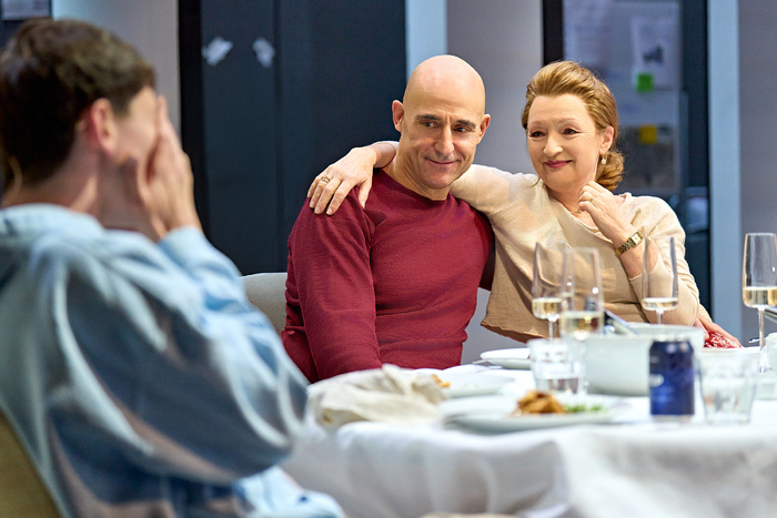 Oedipus. Jordan Scowen (Eteocles), Mark Strong (Oedipus) & Lesley Manville Photo