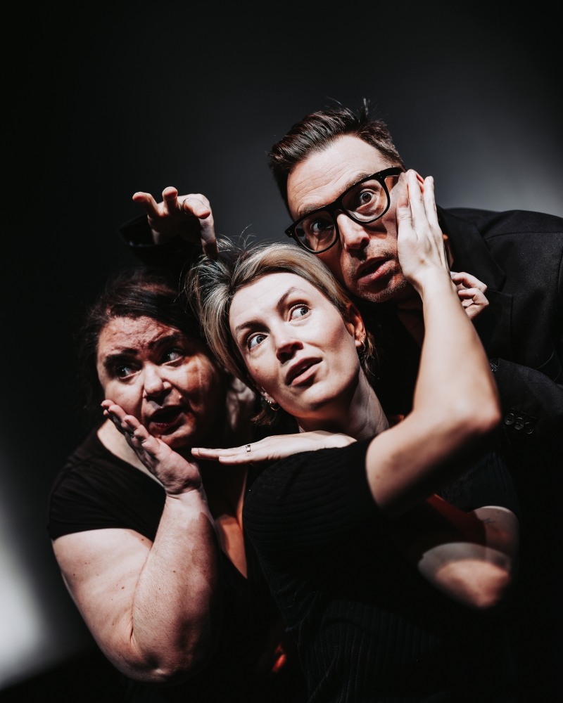 Jan Caruana, Hannah Spear, and Ron Pederson in FLOP! An Improvised Musical Fiasco Directed by Alan Kliffer. Photo by Curtis Perry. 