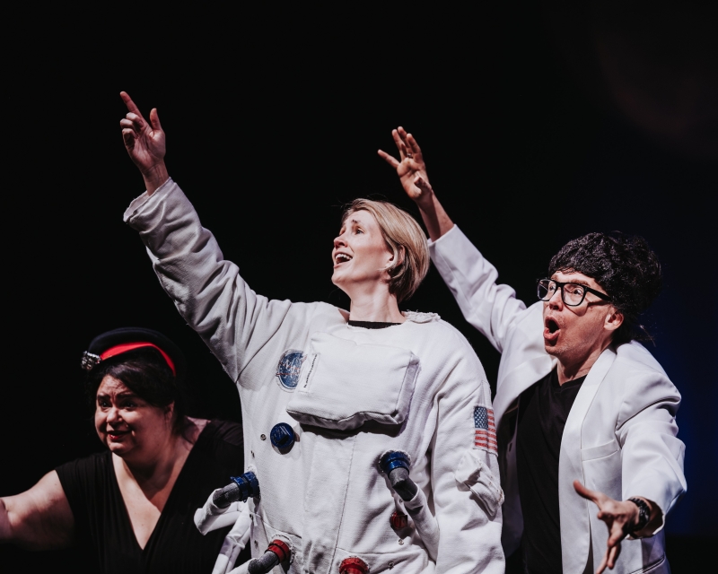 Jan Caruana, Hannah Spear, and Ron Pederson in FLOP! An Improvised Musical Fiasco. Directed by Alan Kliffer. Photo by Curtis Perry. 