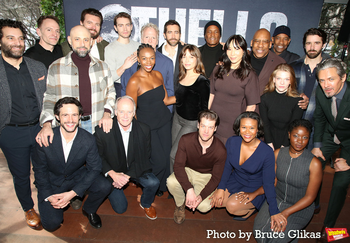 Director Kenny Leon, Jake Gyllenhaal and Denzel Washington pose with the cast including Ben Graney, Gene Gillette, Rob Heaps, Anthony Michael Lopez, William Connell, Greg Wood, Andrew Burnap, Kimber Elayne Sprawl, Daniel Pearce, Molly Osborne, Ty Fanning, Director Kenny Leon, Julee Cerda, Christina Sajous, Ezra Knight, Sarah Thorn, Abiola Obatolu, Daniel Reece and Neal Bledsoe at 