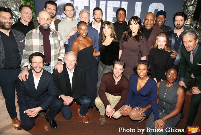 Director Kenny Leon, Jake Gyllenhaal and Denzel Washington pose with the cast including Ben Graney, Gene Gillette, Rob Heaps, Anthony Michael Lopez, William Connell, Greg Wood, Andrew Burnap, Kimber Elayne Sprawl, Daniel Pearce, Molly Osborne, Ty Fanning, Director Kenny Leon, Julee Cerda, Christina Sajous, Ezra Knight, Sarah Thorn, Abiola Obatolu, Daniel Reece and Neal Bledsoe at 