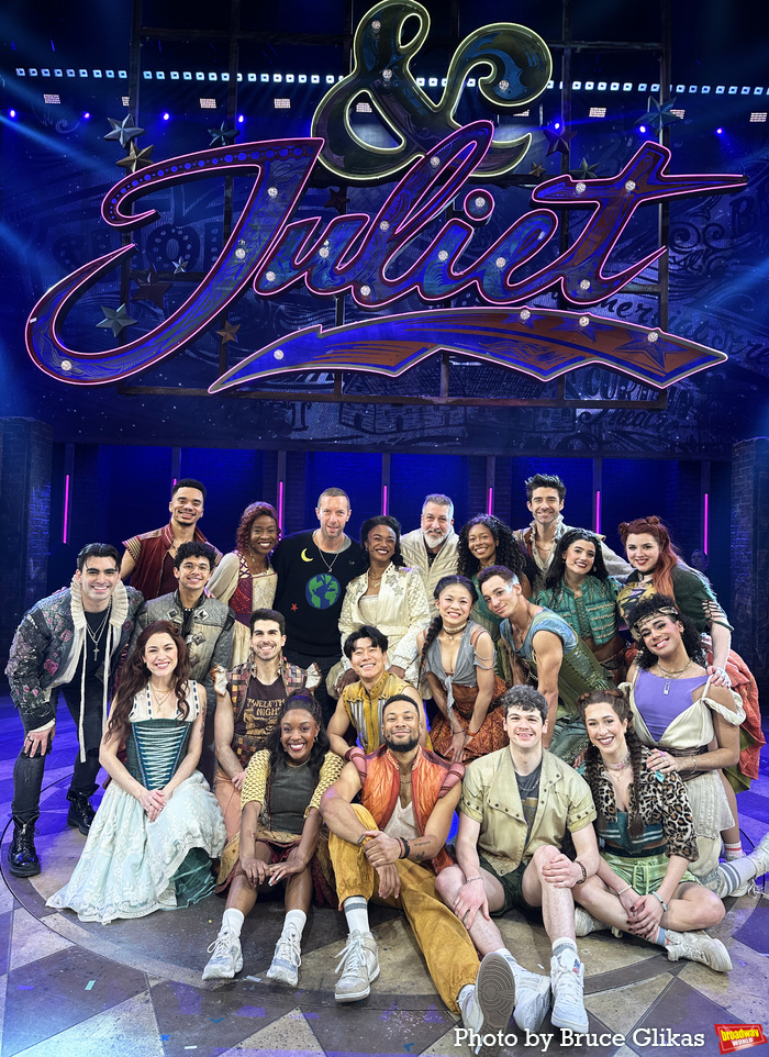 Chris Martin poses with Joey Fatone & the cast including Maya Boyd, Alison Luff, Drew Photo