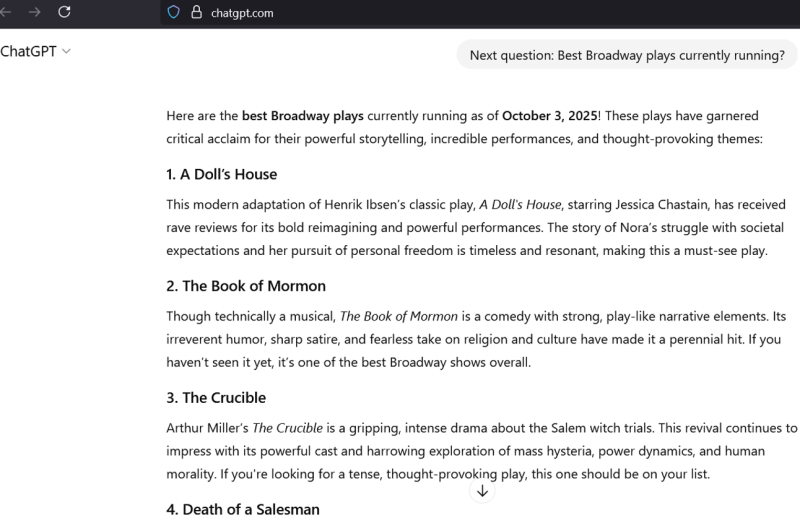 AI Recommends Outdated Broadway Shows, Overlooks New Titles Image