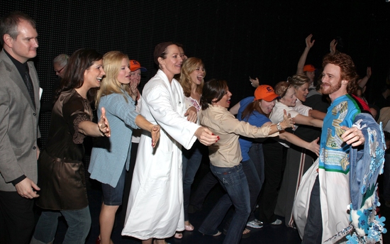 Stephanie J. Block, Megan Hilty, Allison Janney and the cast cheer on Paul Castree Photo