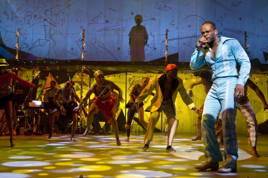 Anne V. Andre, Aaron Johnson (in back), Rujeko Dumbutshena, Aimee Graham, Iris Wilson, Abena Koomson (standing above), Ismael Kouyate, Lauren Deveaux, Sahr Ngaujah (Fela). Daniel Soto (behind Sahr) at 