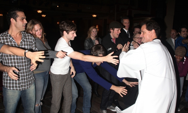 Jonathan Hammond, Bobby Steggert, Mike McGowan and cast cheer on Michael X. Martin Photo