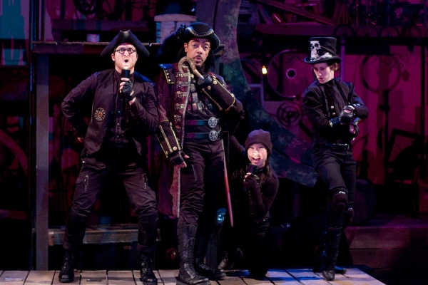 L-R David J. Sweeny as Smee, Frank X as Captain Hook, Bi Jean Ngo as Bill Jukes and S Photo