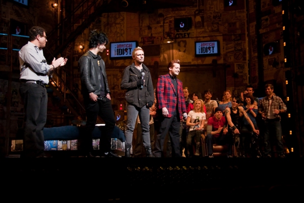 Michael Mayer, Billie Joe Armstrong, Mike Dirnt, Tre Cool and AMERICAN IDIOT Cast Photo