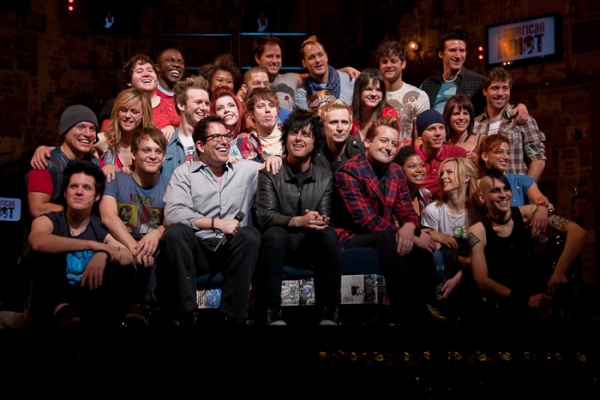 Michael Mayer, Billie Joe Armstrong, Mike Dirnt, Tre Cool and AMERICAN IDIOT Cast Photo