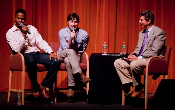 AJ Calloway of EXTRA TV, actor Zach Braff, and Budd Mishkin of NY 1 TV Photo