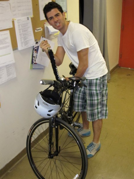 Adam Kantor backstage checking out the callboard with his magical ride Photo